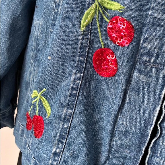 Quacker Factory Blue Jean Jacket with Red Cherry Embroidery - Picture 3 of 7